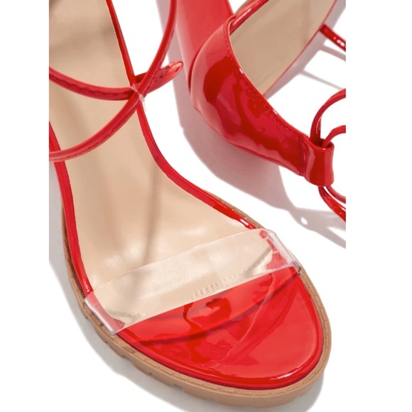 Red Clear Strap Lace Up Block Heels - Picture 4 of 8